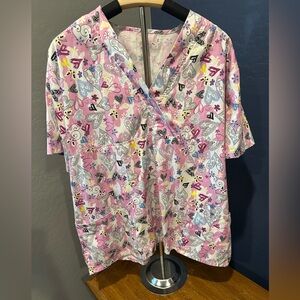 Pink Patterned Scrub Top